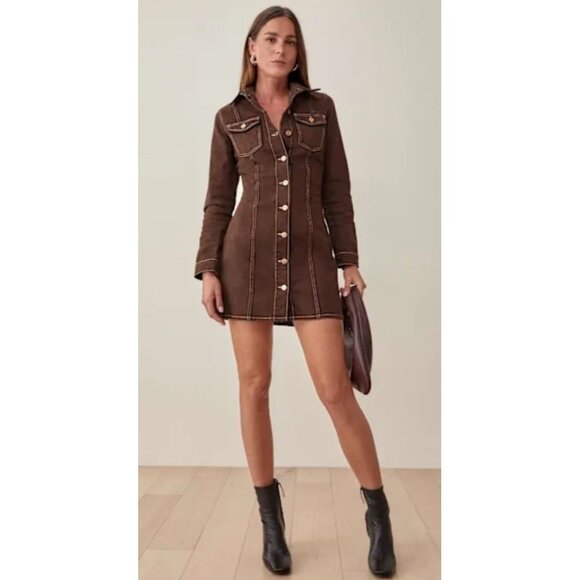 Reformation Dresses & Skirts - NWT Reformation Newman Brown Denim Button Front Mini Dress Long Sleeve Size 12